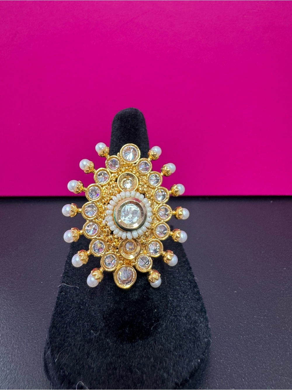 Gold-Tone Pearl & Crystal Sunburst Cocktail Ring